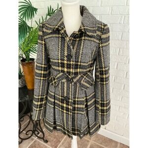 American Rag Plaid Coat Women Small Grey Yellow Excellent Wool Blend Pea Coat